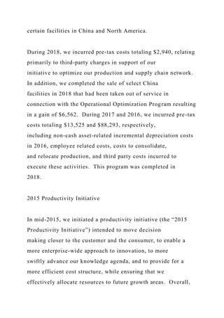 certain facilities in China and North America.
During 2018, we incurred pre-tax costs totaling $2,940, relating
primarily to third-party charges in support of our
initiative to optimize our production and supply chain network.
In addition, we completed the sale of select China
facilities in 2018 that had been taken out of service in
connection with the Operational Optimization Program resulting
in a gain of $6,562. During 2017 and 2016, we incurred pre-tax
costs totaling $13,525 and $88,293, respectively,
including non-cash asset-related incremental depreciation costs
in 2016, employee related costs, costs to consolidate,
and relocate production, and third party costs incurred to
execute these activities. This program was completed in
2018.
2015 Productivity Initiative
In mid-2015, we initiated a productivity initiative (the “2015
Productivity Initiative”) intended to move decision
making closer to the customer and the consumer, to enable a
more enterprise-wide approach to innovation, to more
swiftly advance our knowledge agenda, and to provide for a
more efficient cost structure, while ensuring that we
effectively allocate resources to future growth areas. Overall,
 