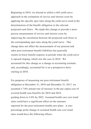 Beginning in 2018, we elected to utilize a full yield curve
approach in the estimation of service and interest costs by
applying the specific spot rates along the yield curve used in the
determination of the benefit obligation to the relevant
projected cash flows. We made this change to provide a more
precise measurement of service and interest costs by
improving the correlation between the projected cash flows to
the corresponding spot rates along the yield curve. This
change does not affect the measurement of our pension and
other post-retirement benefit liabilities but generally
results in lower benefit expense in periods when the yield curve
is upward sloping, which was the case in 2018. We
accounted for this change as a change in accounting estimate
and, accordingly, accounted for it on a prospective basis
starting in 2018.
For purposes of measuring our post-retirement benefit
obligation at December 31, 2018 and December 31, 2017, we
assumed a 7.0% annual rate of increase in the per capita cost of
covered health care benefits for 2019 and 2018,
grading down to 5.0% by 2023. Assumed health care cost trend
rates could have a significant effect on the amounts
reported for the post-retirement health care plans. A one-
percentage point change in assumed health care cost trend
rates would have the following effects:
 