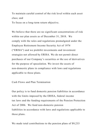 To maintain careful control of the risk level within each asset
class; and
To focus on a long-term return objective.
We believe that there are no significant concentrations of risk
within our plan assets as of December 31, 2018. We
comply with the rules and regulations promulgated under the
Employee Retirement Income Security Act of 1974
(“ERISA”) and we prohibit investments and investment
strategies not allowed by ERISA. We do not permit direct
purchases of our Company’s securities or the use of derivatives
for the purpose of speculation. We invest the assets of
non-domestic plans in compliance with laws and regulations
applicable to those plans.
Cash Flows and Plan Termination
Our policy is to fund domestic pension liabilities in accordance
with the limits imposed by the ERISA, federal income
tax laws and the funding requirements of the Pension Protection
Act of 2006. We fund non-domestic pension
liabilities in accordance with laws and regulations applicable to
those plans.
We made total contributions to the pension plans of $9,233
 