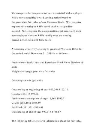 We recognize the compensation cost associated with employee
RSUs over a specified award vesting period based on
the grant date fair value of our Common Stock. We recognize
expense for employee RSUs based on the straight-line
method. We recognize the compensation cost associated with
non-employee director RSUs ratably over the vesting
period, net of estimated forfeitures.
A summary of activity relating to grants of PSUs and RSUs for
the period ended December 31, 2018 is as follows:
Performance Stock Units and Restricted Stock Units Number of
units
Weighted-average grant date fair value
for equity awards (per unit)
Outstanding at beginning of year 923,364 $103.11
Granted 457,315 $97.86
Performance assumption change 16,961 $102.71
Vested (287,101) $103.59
Forfeited (111,521) $103.48
Outstanding at end of year 999,018 $101.57
The following table sets forth information about the fair value
 