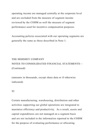 operating income are managed centrally at the corporate level
and are excluded from the measure of segment income
reviewed by the CODM as well the measure of segment
performance used for incentive compensation purposes.
Accounting policies associated with our operating segments are
generally the same as those described in Note 1.
THE HERSHEY COMPANY
NOTES TO CONSOLIDATED FINANCIAL STATEMENTS—
(Continued)
(amounts in thousands, except share data or if otherwise
indicated)
92
Certain manufacturing, warehousing, distribution and other
activities supporting our global operations are integrated to
maximize efficiency and productivity. As a result, assets and
capital expenditures are not managed on a segment basis
and are not included in the information reported to the CODM
for the purpose of evaluating performance or allocating
 