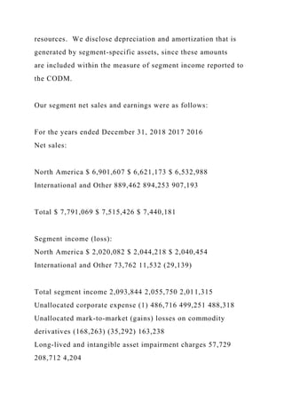 resources. We disclose depreciation and amortization that is
generated by segment-specific assets, since these amounts
are included within the measure of segment income reported to
the CODM.
Our segment net sales and earnings were as follows:
For the years ended December 31, 2018 2017 2016
Net sales:
North America $ 6,901,607 $ 6,621,173 $ 6,532,988
International and Other 889,462 894,253 907,193
Total $ 7,791,069 $ 7,515,426 $ 7,440,181
Segment income (loss):
North America $ 2,020,082 $ 2,044,218 $ 2,040,454
International and Other 73,762 11,532 (29,139)
Total segment income 2,093,844 2,055,750 2,011,315
Unallocated corporate expense (1) 486,716 499,251 488,318
Unallocated mark-to-market (gains) losses on commodity
derivatives (168,263) (35,292) 163,238
Long-lived and intangible asset impairment charges 57,729
208,712 4,204
 