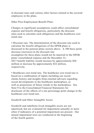 in discount rates and various other factors related to the covered
employees in the plans.
Other Post-Employment Benefit Plans
Changes in significant assumptions could affect consolidated
expense and benefit obligations, particularly the discount
rates used to calculate such obligations and the healthcare cost
trend rate:
• Discount rate. The determination of the discount rate used to
calculate the benefit obligations of the OPEB plans is
discussed in the pension plans section above. A 100 basis point
decrease (increase) in the discount rate
assumption for these plans would not be material to the OPEB
plans' consolidated expense and the December 31,
2017 benefit liability would increase by approximately $26
million or decrease by approximately $22 million,
respectively.
• Healthcare cost trend rate. The healthcare cost trend rate is
based on a combination of inputs including our recent
claims history and insights from external advisers regarding
recent developments in the healthcare marketplace, as
well as projections of future trends in the marketplace. See
Note 9 to the Consolidated Financial Statements for
disclosure of the effects of a one percentage point change in the
healthcare cost trend rate.
Goodwill and Other Intangible Assets
Goodwill and indefinite-lived intangible assets are not
amortized, but are evaluated for impairment annually or more
often if indicators of a potential impairment are present. Our
annual impairment tests are conducted at the beginning
of the fourth quarter.
 