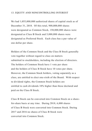 13. EQUITY AND NONCONTROLLING INTEREST
We had 1,055,000,000 authorized shares of capital stock as of
December 31, 2018. Of this total, 900,000,000 shares
were designated as Common Stock, 150,000,000 shares were
designated as Class B Stock and 5,000,000 shares were
designated as Preferred Stock. Each class has a par value of
one dollar per share.
Holders of the Common Stock and the Class B Stock generally
vote together without regard to class on matters
submitted to stockholders, including the election of directors.
The holders of Common Stock have 1 vote per share
and the holders of Class B Stock have 10 votes per share.
However, the Common Stock holders, voting separately as a
class, are entitled to elect one-sixth of the Board. With respect
to dividend rights, the Common Stock holders are
entitled to cash dividends 10% higher than those declared and
paid on the Class B Stock.
Class B Stock can be converted into Common Stock on a share-
for-share basis at any time. During 2018, 6,000 shares
of Class B Stock were converted into Common Stock. During
2017 and 2016 no shares of Class B Stock were
converted into Common Stock.
 