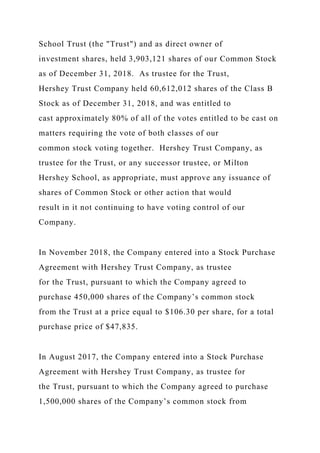 School Trust (the "Trust") and as direct owner of
investment shares, held 3,903,121 shares of our Common Stock
as of December 31, 2018. As trustee for the Trust,
Hershey Trust Company held 60,612,012 shares of the Class B
Stock as of December 31, 2018, and was entitled to
cast approximately 80% of all of the votes entitled to be cast on
matters requiring the vote of both classes of our
common stock voting together. Hershey Trust Company, as
trustee for the Trust, or any successor trustee, or Milton
Hershey School, as appropriate, must approve any issuance of
shares of Common Stock or other action that would
result in it not continuing to have voting control of our
Company.
In November 2018, the Company entered into a Stock Purchase
Agreement with Hershey Trust Company, as trustee
for the Trust, pursuant to which the Company agreed to
purchase 450,000 shares of the Company’s common stock
from the Trust at a price equal to $106.30 per share, for a total
purchase price of $47,835.
In August 2017, the Company entered into a Stock Purchase
Agreement with Hershey Trust Company, as trustee for
the Trust, pursuant to which the Company agreed to purchase
1,500,000 shares of the Company’s common stock from
 