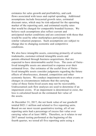 estimates for sales growth and profitability, and cash
flows associated with taxes and capital spending. Additional
assumptions include forecasted growth rates, estimated
discount rates, which may be risk-adjusted for the operating
market of the reporting unit, and estimated royalty rates
that would be charged for comparable branded licenses. We
believe such assumptions also reflect current and
anticipated market conditions and are consistent with those that
would be used by other marketplace participants for
similar valuation purposes. Such assumptions are subject to
change due to changing economic and competitive
conditions.
We also have intangible assets, consisting primarily of certain
trademarks, customer-related intangible assets and
patents obtained through business acquisitions, that are
expected to have determinable useful lives. The costs of finite-
lived intangible assets are amortized to expense over their
estimated lives. Our estimates of the useful lives of finite-
lived intangible assets consider judgments regarding the future
effects of obsolescence, demand, competition and other
economic factors. We conduct impairment tests when events or
changes in circumstances indicate that the carrying
value of these finite-lived assets may not be recoverable.
Undiscounted cash flow analyses are used to determine if an
impairment exists. If an impairment is determined to exist, the
loss is calculated based on the estimated fair value of
the assets.
At December 31, 2017, the net book value of our goodwill
totaled $821.1 million and related to five reporting units.
Based on our most recent quantitative testing, all of our
reporting units had a percentage of excess fair value over
carrying value of at least 100%. Therefore, as it relates to our
2017 annual testing performed at the beginning of the
fourth quarter, we tested all five reporting units using a
 