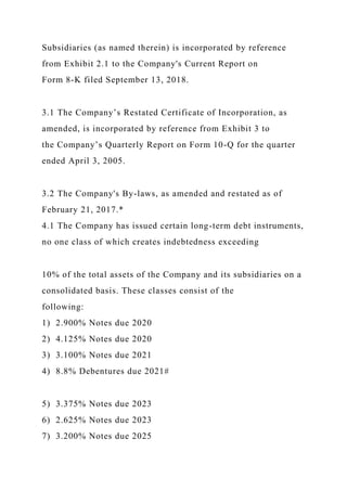 Subsidiaries (as named therein) is incorporated by reference
from Exhibit 2.1 to the Company's Current Report on
Form 8-K filed September 13, 2018.
3.1 The Company’s Restated Certificate of Incorporation, as
amended, is incorporated by reference from Exhibit 3 to
the Company’s Quarterly Report on Form 10-Q for the quarter
ended April 3, 2005.
3.2 The Company's By-laws, as amended and restated as of
February 21, 2017.*
4.1 The Company has issued certain long-term debt instruments,
no one class of which creates indebtedness exceeding
10% of the total assets of the Company and its subsidiaries on a
consolidated basis. These classes consist of the
following:
1) 2.900% Notes due 2020
2) 4.125% Notes due 2020
3) 3.100% Notes due 2021
4) 8.8% Debentures due 2021#
5) 3.375% Notes due 2023
6) 2.625% Notes due 2023
7) 3.200% Notes due 2025
 