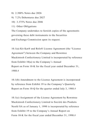 8) 2.300% Notes due 2026
9) 7.2% Debentures due 2027
10) 3.375% Notes due 2046
11) Other Obligations
The Company undertakes to furnish copies of the agreements
governing these debt instruments to the Securities
and Exchange Commission upon its request.
10.1(a) Kit Kat® and Rolo® License Agreement (the “License
Agreement”) between the Company and Rowntree
Mackintosh Confectionery Limited is incorporated by reference
from Exhibit 10(a) to the Company’s Annual
Report on Form 10-K for the fiscal year ended December 31,
1980.#
10.1(b) Amendment to the License Agreement is incorporated
by reference from Exhibit 19 to the Company’s Quarterly
Report on Form 10-Q for the quarter ended July 3, 1988.#
10.1(c) Assignment of the License Agreement by Rowntree
Mackintosh Confectionery Limited to Société des Produits
Nestlé SA as of January 1, 1990 is incorporated by reference
from Exhibit 19 to the Company’s Annual Report on
Form 10-K for the fiscal year ended December 31, 1990.#
 