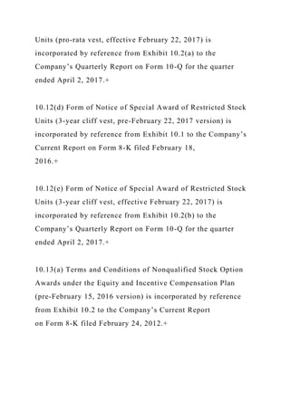 Units (pro-rata vest, effective February 22, 2017) is
incorporated by reference from Exhibit 10.2(a) to the
Company’s Quarterly Report on Form 10-Q for the quarter
ended April 2, 2017.+
10.12(d) Form of Notice of Special Award of Restricted Stock
Units (3-year cliff vest, pre-February 22, 2017 version) is
incorporated by reference from Exhibit 10.1 to the Company’s
Current Report on Form 8-K filed February 18,
2016.+
10.12(e) Form of Notice of Special Award of Restricted Stock
Units (3-year cliff vest, effective February 22, 2017) is
incorporated by reference from Exhibit 10.2(b) to the
Company’s Quarterly Report on Form 10-Q for the quarter
ended April 2, 2017.+
10.13(a) Terms and Conditions of Nonqualified Stock Option
Awards under the Equity and Incentive Compensation Plan
(pre-February 15, 2016 version) is incorporated by reference
from Exhibit 10.2 to the Company’s Current Report
on Form 8-K filed February 24, 2012.+
 