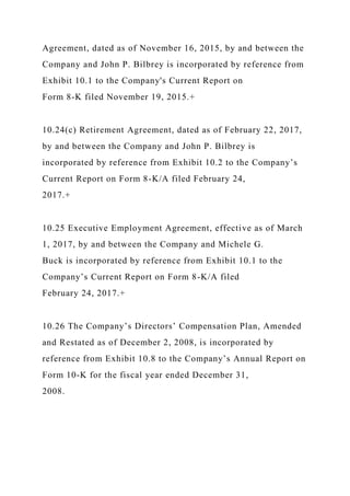 Agreement, dated as of November 16, 2015, by and between the
Company and John P. Bilbrey is incorporated by reference from
Exhibit 10.1 to the Company's Current Report on
Form 8-K filed November 19, 2015.+
10.24(c) Retirement Agreement, dated as of February 22, 2017,
by and between the Company and John P. Bilbrey is
incorporated by reference from Exhibit 10.2 to the Company’s
Current Report on Form 8-K/A filed February 24,
2017.+
10.25 Executive Employment Agreement, effective as of March
1, 2017, by and between the Company and Michele G.
Buck is incorporated by reference from Exhibit 10.1 to the
Company’s Current Report on Form 8-K/A filed
February 24, 2017.+
10.26 The Company’s Directors’ Compensation Plan, Amended
and Restated as of December 2, 2008, is incorporated by
reference from Exhibit 10.8 to the Company’s Annual Report on
Form 10-K for the fiscal year ended December 31,
2008.
 