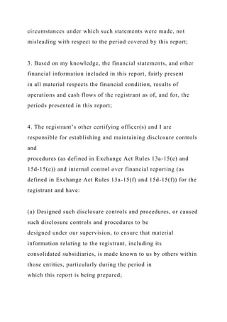 circumstances under which such statements were made, not
misleading with respect to the period covered by this report;
3. Based on my knowledge, the financial statements, and other
financial information included in this report, fairly present
in all material respects the financial condition, results of
operations and cash flows of the registrant as of, and for, the
periods presented in this report;
4. The registrant’s other certifying officer(s) and I are
responsible for establishing and maintaining disclosure controls
and
procedures (as defined in Exchange Act Rules 13a-15(e) and
15d-15(e)) and internal control over financial reporting (as
defined in Exchange Act Rules 13a-15(f) and 15d-15(f)) for the
registrant and have:
(a) Designed such disclosure controls and procedures, or caused
such disclosure controls and procedures to be
designed under our supervision, to ensure that material
information relating to the registrant, including its
consolidated subsidiaries, is made known to us by others within
those entities, particularly during the period in
which this report is being prepared;
 