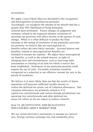 assessments.
We apply a more-likely-than-not threshold to the recognition
and derecognition of uncertain tax positions.
Accordingly, we recognize the amount of tax benefit that has a
greater than 50% likelihood of being ultimately
realized upon settlement. Future changes in judgments and
estimates related to the expected ultimate resolution of
uncertain tax positions will affect income in the quarter of such
change. While it is often difficult to predict the final
outcome or the timing of resolution of any particular uncertain
tax position, we believe that our unrecognized tax
benefits reflect the most likely outcome. Accrued interest and
penalties related to unrecognized tax benefits are
included in income tax expense. We adjust these unrecognized
tax benefits, as well as the related interest, in light of
changing facts and circumstances, such as receiving audit
assessments or clearing of an item for which a reserve has
been established. Settlement of any particular position could
require the use of cash. Favorable resolution would be
recognized as a reduction to our effective income tax rate in the
period of resolution.
We believe it is more likely than not that the results of future
operations will generate sufficient taxable income to
realize the deferred tax assets, net of valuation allowances. Our
valuation allowances are primarily related to U.S.
capital loss carryforwards and various foreign jurisdictions' net
operating loss carryforwards and other deferred tax
assets for which we do not expect to realize a benefit.
Item 7A. QUANTITATIVE AND QUALITATIVE
DISCLOSURES ABOUT MARKET RISK
We use certain derivative instruments to manage our interest
rate, foreign currency exchange rate and commodity price
 