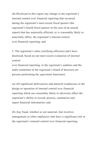 (d) Disclosed in this report any change in the registrant’s
internal control over financial reporting that occurred
during the registrant’s most recent fiscal quarter (the
registrant’s fourth fiscal quarter in the case of an annual
report) that has materially affected, or is reasonably likely to
materially affect, the registrant’s internal control
over financial reporting; and
5. The registrant’s other certifying officer(s) and I have
disclosed, based on our most recent evaluation of internal
control
over financial reporting, to the registrant’s auditors and the
audit committee of the registrant’s board of directors (or
persons performing the equivalent functions):
(a) All significant deficiencies and material weaknesses in the
design or operation of internal control over financial
reporting which are reasonably likely to adversely affect the
registrant’s ability to record, process, summarize and
report financial information; and
(b) Any fraud, whether or not material, that involves
management or other employees who have a significant role in
the registrant’s internal control over financial reporting.
 