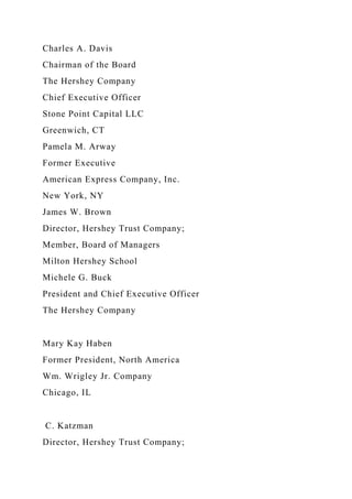 Charles A. Davis
Chairman of the Board
The Hershey Company
Chief Executive Officer
Stone Point Capital LLC
Greenwich, CT
Pamela M. Arway
Former Executive
American Express Company, Inc.
New York, NY
James W. Brown
Director, Hershey Trust Company;
Member, Board of Managers
Milton Hershey School
Michele G. Buck
President and Chief Executive Officer
The Hershey Company
Mary Kay Haben
Former President, North America
Wm. Wrigley Jr. Company
Chicago, IL
C. Katzman
Director, Hershey Trust Company;
 