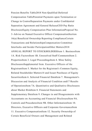 Pension Benefits Table2018 Non-Qualified Deferred
Compensation TablePotential Payments upon Termination or
Change in ControlSeparation Payments under Confidential
Separation Agreement and General ReleaseCEO Pay Ratio
DisclosureEquity Compensation Plan InformationProposal No.
3–Advise on Named Executive Officer CompensationSection
16(a) Beneficial Ownership Reporting ComplianceCertain
Transactions and RelationshipsCompensation Committee
Interlocks and Insider ParticipationOther Matters2018
ANNUAL REPORT TO STOCKHOLDERSItem 1. BusinessItem
1A. Risk FactorsItem 1B. Unresolved Staff CommentsItem 2.
PropertiesItem 3. Legal ProceedingsItem 4. Mine Safety
DisclosuresSupplemental Item. Executive Officers of the
RegistrantItem 5. Market for the Registrant's Common Equity,
Related Stockholder Matters14 and Issuer Purchases of Equity
SecuritiesItem 6. Selected Financial DataItem 7. Management's
Discussion and Analysis of Financial Condition and17 Results
of OperationsItem 7A. Quantitative and Qualitative Disclosures
about Market RiskItem 8. Financial Statements and
Supplementary DataItem 9. Changes in and Disagreements with
Accountants on Accounting and Financial DisclosureItem 9A.
Controls and ProceduresItem 9B. Other InformationItem 10.
Directors, Executive Officers and Corporate GovernanceItem
11. Executive CompensationItem 12. Security Ownership of
Certain Beneficial Owners and Management and Related
 