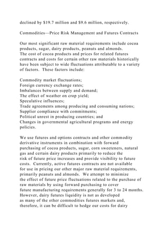 declined by $19.7 million and $9.6 million, respectively.
Commodities—Price Risk Management and Futures Contracts
Our most significant raw material requirements include cocoa
products, sugar, dairy products, peanuts and almonds.
The cost of cocoa products and prices for related futures
contracts and costs for certain other raw materials historically
have been subject to wide fluctuations attributable to a variety
of factors. These factors include:
Commodity market fluctuations;
Foreign currency exchange rates;
Imbalances between supply and demand;
The effect of weather on crop yield;
Speculative influences;
Trade agreements among producing and consuming nations;
Supplier compliance with commitments;
Political unrest in producing countries; and
Changes in governmental agricultural programs and energy
policies.
We use futures and options contracts and other commodity
derivative instruments in combination with forward
purchasing of cocoa products, sugar, corn sweeteners, natural
gas and certain dairy products primarily to reduce the
risk of future price increases and provide visibility to future
costs. Currently, active futures contracts are not available
for use in pricing our other major raw material requirements,
primarily peanuts and almonds. We attempt to minimize
the effect of future price fluctuations related to the purchase of
raw materials by using forward purchasing to cover
future manufacturing requirements generally for 3 to 24 months.
However, dairy futures liquidity is not as developed
as many of the other commodities futures markets and,
therefore, it can be difficult to hedge our costs for dairy
 