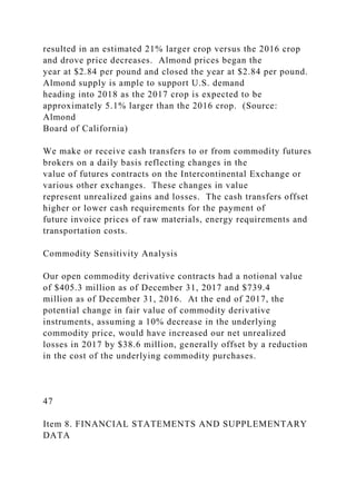 resulted in an estimated 21% larger crop versus the 2016 crop
and drove price decreases. Almond prices began the
year at $2.84 per pound and closed the year at $2.84 per pound.
Almond supply is ample to support U.S. demand
heading into 2018 as the 2017 crop is expected to be
approximately 5.1% larger than the 2016 crop. (Source:
Almond
Board of California)
We make or receive cash transfers to or from commodity futures
brokers on a daily basis reflecting changes in the
value of futures contracts on the Intercontinental Exchange or
various other exchanges. These changes in value
represent unrealized gains and losses. The cash transfers offset
higher or lower cash requirements for the payment of
future invoice prices of raw materials, energy requirements and
transportation costs.
Commodity Sensitivity Analysis
Our open commodity derivative contracts had a notional value
of $405.3 million as of December 31, 2017 and $739.4
million as of December 31, 2016. At the end of 2017, the
potential change in fair value of commodity derivative
instruments, assuming a 10% decrease in the underlying
commodity price, would have increased our net unrealized
losses in 2017 by $38.6 million, generally offset by a reduction
in the cost of the underlying commodity purchases.
47
Item 8. FINANCIAL STATEMENTS AND SUPPLEMENTARY
DATA
 