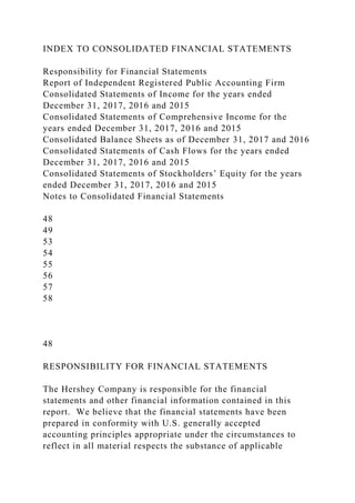 INDEX TO CONSOLIDATED FINANCIAL STATEMENTS
Responsibility for Financial Statements
Report of Independent Registered Public Accounting Firm
Consolidated Statements of Income for the years ended
December 31, 2017, 2016 and 2015
Consolidated Statements of Comprehensive Income for the
years ended December 31, 2017, 2016 and 2015
Consolidated Balance Sheets as of December 31, 2017 and 2016
Consolidated Statements of Cash Flows for the years ended
December 31, 2017, 2016 and 2015
Consolidated Statements of Stockholders’ Equity for the years
ended December 31, 2017, 2016 and 2015
Notes to Consolidated Financial Statements
48
49
53
54
55
56
57
58
48
RESPONSIBILITY FOR FINANCIAL STATEMENTS
The Hershey Company is responsible for the financial
statements and other financial information contained in this
report. We believe that the financial statements have been
prepared in conformity with U.S. generally accepted
accounting principles appropriate under the circumstances to
reflect in all material respects the substance of applicable
 
