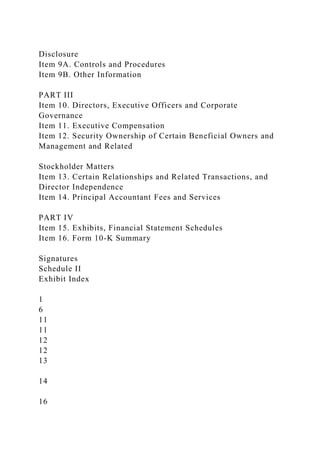 Disclosure
Item 9A. Controls and Procedures
Item 9B. Other Information
PART III
Item 10. Directors, Executive Officers and Corporate
Governance
Item 11. Executive Compensation
Item 12. Security Ownership of Certain Beneficial Owners and
Management and Related
Stockholder Matters
Item 13. Certain Relationships and Related Transactions, and
Director Independence
Item 14. Principal Accountant Fees and Services
PART IV
Item 15. Exhibits, Financial Statement Schedules
Item 16. Form 10-K Summary
Signatures
Schedule II
Exhibit Index
1
6
11
11
12
12
13
14
16
 