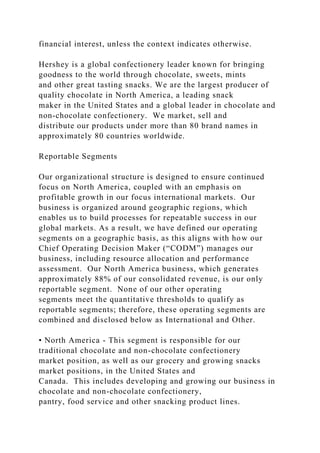 financial interest, unless the context indicates otherwise.
Hershey is a global confectionery leader known for bringing
goodness to the world through chocolate, sweets, mints
and other great tasting snacks. We are the largest producer of
quality chocolate in North America, a leading snack
maker in the United States and a global leader in chocolate and
non-chocolate confectionery. We market, sell and
distribute our products under more than 80 brand names in
approximately 80 countries worldwide.
Reportable Segments
Our organizational structure is designed to ensure continued
focus on North America, coupled with an emphasis on
profitable growth in our focus international markets. Our
business is organized around geographic regions, which
enables us to build processes for repeatable success in our
global markets. As a result, we have defined our operating
segments on a geographic basis, as this aligns with how our
Chief Operating Decision Maker (“CODM”) manages our
business, including resource allocation and performance
assessment. Our North America business, which generates
approximately 88% of our consolidated revenue, is our only
reportable segment. None of our other operating
segments meet the quantitative thresholds to qualify as
reportable segments; therefore, these operating segments are
combined and disclosed below as International and Other.
• North America - This segment is responsible for our
traditional chocolate and non-chocolate confectionery
market position, as well as our grocery and growing snacks
market positions, in the United States and
Canada. This includes developing and growing our business in
chocolate and non-chocolate confectionery,
pantry, food service and other snacking product lines.
 