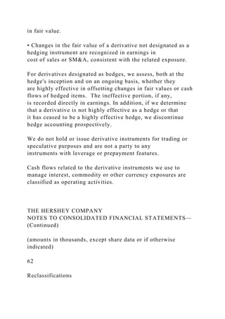 in fair value.
• Changes in the fair value of a derivative not designated as a
hedging instrument are recognized in earnings in
cost of sales or SM&A, consistent with the related exposure.
For derivatives designated as hedges, we assess, both at the
hedge's inception and on an ongoing basis, whether they
are highly effective in offsetting changes in fair values or cash
flows of hedged items. The ineffective portion, if any,
is recorded directly in earnings. In addition, if we determine
that a derivative is not highly effective as a hedge or that
it has ceased to be a highly effective hedge, we discontinue
hedge accounting prospectively.
We do not hold or issue derivative instruments for trading or
speculative purposes and are not a party to any
instruments with leverage or prepayment features.
Cash flows related to the derivative instruments we use to
manage interest, commodity or other currency exposures are
classified as operating activities.
THE HERSHEY COMPANY
NOTES TO CONSOLIDATED FINANCIAL STATEMENTS—
(Continued)
(amounts in thousands, except share data or if otherwise
indicated)
62
Reclassifications
 