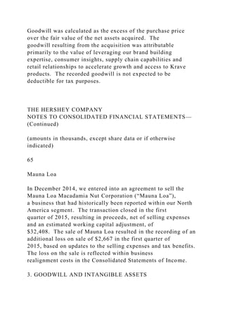 Goodwill was calculated as the excess of the purchase price
over the fair value of the net assets acquired. The
goodwill resulting from the acquisition was attributable
primarily to the value of leveraging our brand building
expertise, consumer insights, supply chain capabilities and
retail relationships to accelerate growth and access to Krave
products. The recorded goodwill is not expected to be
deductible for tax purposes.
THE HERSHEY COMPANY
NOTES TO CONSOLIDATED FINANCIAL STATEMENTS—
(Continued)
(amounts in thousands, except share data or if otherwise
indicated)
65
Mauna Loa
In December 2014, we entered into an agreement to sell the
Mauna Loa Macadamia Nut Corporation (“Mauna Loa”),
a business that had historically been reported within our North
America segment. The transaction closed in the first
quarter of 2015, resulting in proceeds, net of selling expenses
and an estimated working capital adjustment, of
$32,408. The sale of Mauna Loa resulted in the recording of an
additional loss on sale of $2,667 in the first quarter of
2015, based on updates to the selling expenses and tax benefits.
The loss on the sale is reflected within business
realignment costs in the Consolidated Statements of Income.
3. GOODWILL AND INTANGIBLE ASSETS
 