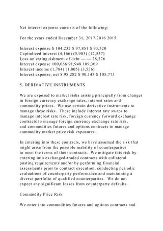 Net interest expense consists of the following:
For the years ended December 31, 2017 2016 2015
Interest expense $ 104,232 $ 97,851 $ 93,520
Capitalized interest (4,166) (5,903) (12,537)
Loss on extinguishment of debt — — 28,326
Interest expense 100,066 91,948 109,309
Interest income (1,784) (1,805) (3,536)
Interest expense, net $ 98,282 $ 90,143 $ 105,773
5. DERIVATIVE INSTRUMENTS
We are exposed to market risks arising principally from changes
in foreign currency exchange rates, interest rates and
commodity prices. We use certain derivative instruments to
manage these risks. These include interest rate swaps to
manage interest rate risk, foreign currency forward exchange
contracts to manage foreign currency exchange rate risk,
and commodities futures and options contracts to manage
commodity market price risk exposures.
In entering into these contracts, we have assumed the risk that
might arise from the possible inability of counterparties
to meet the terms of their contracts. We mitigate this risk by
entering into exchanged-traded contracts with collateral
posting requirements and/or by performing financial
assessments prior to contract execution, conducting periodic
evaluations of counterparty performance and maintaining a
diverse portfolio of qualified counterparties. We do not
expect any significant losses from counterparty defaults.
Commodity Price Risk
We enter into commodities futures and options contracts and
 