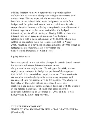utilized interest rate swap agreements to protect against
unfavorable interest rate changes relating to forecasted debt
transactions. These swaps, which were settled upon
issuance of the related debt, were designated as cash flow
hedges and the gains and losses that were deferred in other
comprehensive income are being recognized as an adjustment to
interest expense over the same period that the hedged
interest payments affect earnings. During 2016, we had one
interest rate swap agreement in a cash flow hedging
relationship with a notional amount of $500,000, which was
settled in connection with the issuance of debt in August
2016, resulting in a payment of approximately $87,000 which is
reflected as an operating cash flow within the
Consolidated Statement of Cash Flows.
Equity Price Risk
We are exposed to market price changes in certain broad market
indices related to our deferred compensation
obligations to our employees. To mitigate this risk, we use
equity swap contracts to hedge the portion of the exposure
that is linked to market-level equity returns. These contracts
are not designated as hedges for accounting purposes and
are entered into for periods of 3 to 12 months. The change in
fair value of these derivatives is recorded in selling,
marketing and administrative expense, together with the change
in the related liabilities. The notional amount of the
contracts outstanding at December 31, 2017 and 2016 was
$25,246 and $22,099, respectively.
THE HERSHEY COMPANY
NOTES TO CONSOLIDATED FINANCIAL STATEMENTS—
(Continued)
 