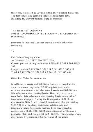 therefore, classified as Level 2 within the valuation hierarchy.
The fair values and carrying values of long-term debt,
including the current portion, were as follows:
THE HERSHEY COMPANY
NOTES TO CONSOLIDATED FINANCIAL STATEMENTS—
(Continued)
(amounts in thousands, except share data or if otherwise
indicated)
73
Fair Value Carrying Value
At December 31, 2017 2016 2017 2016
Current portion of long-term debt $ 299,430 $ 243 $ 300,098 $
243
Long-term debt 2,113,296 2,379,054 2,061,023 2,347,455
Total $ 2,412,726 $ 2,379,297 $ 2,361,121 $ 2,347,698
Other Fair Value Measurements
In addition to assets and liabilities that are recorded at fair
value on a recurring basis, GAAP requires that, under
certain circumstances, we also record assets and liabilities at
fair value on a nonrecurring basis. Generally, assets are
recorded at fair value on a nonrecurring basis as a result of
impairment charges. During the first quarter of 2017, as
discussed in Note 7, we recorded impairment charges totaling
$105,992 to write-down distributor relationship and
trademark intangible assets that had been recognized in
connection with the 2014 SGM acquisition and wrote-down
property, plant and equipment by $102,720. These charges were
determined by comparing the fair value of the assets
 