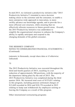 In mid-2015, we initiated a productivity initiative (the “2015
Productivity Initiative”) intended to move decision
making closer to the customer and the consumer, to enable a
more enterprise-wide approach to innovation, to more
swiftly advance our knowledge agenda, and to provide for a
more efficient cost structure, while ensuring that we
effectively allocate resources to future growth areas. Overall,
the 2015 Productivity Initiative was undertaken to
simplify the organizational structure to enhance the Company's
ability to rapidly anticipate and respond to the
changing demands of the global consumer.
THE HERSHEY COMPANY
NOTES TO CONSOLIDATED FINANCIAL STATEMENTS—
(Continued)
(amounts in thousands, except share data or if otherwise
indicated)
75
The 2015 Productivity Initiative was executed throughout the
third and fourth quarters of 2015, resulting in a net
reduction of approximately 300 positions, with the majority of
the departures taking place by the end of 2015. The
2015 Productivity Initiative was completed during the third
quarter 2016. We incurred total costs of $125,031 relating
to this program, including pension settlement charges of
$13,669 recorded in 2016 and $10,178 recorded in 2015
relating to lump sum withdrawals by employees retiring or
leaving the Company as a result of this program.
Other international restructuring programs
 