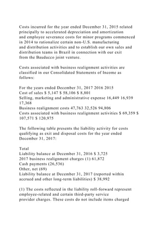 Costs incurred for the year ended December 31, 2015 related
principally to accelerated depreciation and amortization
and employee severance costs for minor programs commenced
in 2014 to rationalize certain non-U.S. manufacturing
and distribution activities and to establish our own sales and
distribution teams in Brazil in connection with our exit
from the Bauducco joint venture.
Costs associated with business realignment activities are
classified in our Consolidated Statements of Income as
follows:
For the years ended December 31, 2017 2016 2015
Cost of sales $ 5,147 $ 58,106 $ 8,801
Selling, marketing and administrative expense 16,449 16,939
17,368
Business realignment costs 47,763 32,526 94,806
Costs associated with business realignment activities $ 69,359 $
107,571 $ 120,975
The following table presents the liability activity for costs
qualifying as exit and disposal costs for the year ended
December 31, 2017:
Total
Liability balance at December 31, 2016 $ 3,725
2017 business realignment charges (1) 61,872
Cash payments (26,536)
Other, net (69)
Liability balance at December 31, 2017 (reported within
accrued and other long-term liabilities) $ 38,992
(1) The costs reflected in the liability roll-forward represent
employee-related and certain third-party service
provider charges. These costs do not include items charged
 