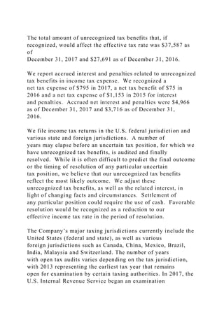 The total amount of unrecognized tax benefits that, if
recognized, would affect the effective tax rate was $37,587 as
of
December 31, 2017 and $27,691 as of December 31, 2016.
We report accrued interest and penalties related to unrecognized
tax benefits in income tax expense. We recognized a
net tax expense of $795 in 2017, a net tax benefit of $75 in
2016 and a net tax expense of $1,153 in 2015 for interest
and penalties. Accrued net interest and penalties were $4,966
as of December 31, 2017 and $3,716 as of December 31,
2016.
We file income tax returns in the U.S. federal jurisdiction and
various state and foreign jurisdictions. A number of
years may elapse before an uncertain tax position, for which we
have unrecognized tax benefits, is audited and finally
resolved. While it is often difficult to predict the final outcome
or the timing of resolution of any particular uncertain
tax position, we believe that our unrecognized tax benefits
reflect the most likely outcome. We adjust these
unrecognized tax benefits, as well as the related interest, in
light of changing facts and circumstances. Settlement of
any particular position could require the use of cash. Favorable
resolution would be recognized as a reduction to our
effective income tax rate in the period of resolution.
The Company’s major taxing jurisdictions currently include the
United States (federal and state), as well as various
foreign jurisdictions such as Canada, China, Mexico, Brazil,
India, Malaysia and Switzerland. The number of years
with open tax audits varies depending on the tax jurisdiction,
with 2013 representing the earliest tax year that remains
open for examination by certain taxing authorities. In 2017, the
U.S. Internal Revenue Service began an examination
 