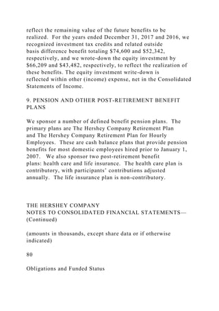 reflect the remaining value of the future benefits to be
realized. For the years ended December 31, 2017 and 2016, we
recognized investment tax credits and related outside
basis difference benefit totaling $74,600 and $52,342,
respectively, and we wrote-down the equity investment by
$66,209 and $43,482, respectively, to reflect the realization of
these benefits. The equity investment write-down is
reflected within other (income) expense, net in the Consolidated
Statements of Income.
9. PENSION AND OTHER POST-RETIREMENT BENEFIT
PLANS
We sponsor a number of defined benefit pension plans. The
primary plans are The Hershey Company Retirement Plan
and The Hershey Company Retirement Plan for Hourly
Employees. These are cash balance plans that provide pension
benefits for most domestic employees hired prior to January 1,
2007. We also sponsor two post-retirement benefit
plans: health care and life insurance. The health care plan is
contributory, with participants’ contributions adjusted
annually. The life insurance plan is non-contributory.
THE HERSHEY COMPANY
NOTES TO CONSOLIDATED FINANCIAL STATEMENTS—
(Continued)
(amounts in thousands, except share data or if otherwise
indicated)
80
Obligations and Funded Status
 