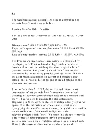 82
The weighted-average assumptions used in computing net
periodic benefit cost were as follows:
Pension Benefits Other Benefits
For the years ended December 31, 2017 2016 2015 2017 2016
2015
Discount rate 3.8% 4.0% 3.7% 3.8% 4.0% 3.7%
Expected long-term return on plan assets 5.8% 6.1% 6.3% N/A
N/A N/A
Rate of compensation increase 3.8% 3.8% 4.1% N/A N/A N/A
The Company’s discount rate assumption is determined by
developing a yield curve based on high quality corporate
bonds with maturities matching the plans’ expected benefit
payment streams. The plans’ expected cash flows are then
discounted by the resulting year-by-year spot rates. We base
the asset return assumption on current and expected asset
allocations, as well as historical and expected returns on the
plan asset categories.
Prior to December 31, 2017, the service and interest cost
components of net periodic benefit cost were determined
utilizing a single weighted-average discount rate derived from
the yield curve used to measure the plan obligations.
Beginning in 2018, we have elected to utilize a full yield curve
approach in the estimation of service and interest costs
by applying the specific spot rates along the yield curve used in
the determination of the benefit obligation to the
relevant projected cash flows. We made this change to provide
a more precise measurement of service and interest
costs by improving the correlation between the projected cash
flows to the corresponding spot rates along the yield
 