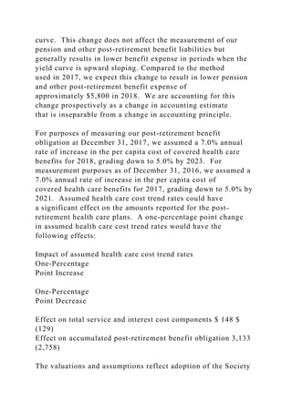 curve. This change does not affect the measurement of our
pension and other post-retirement benefit liabilities but
generally results in lower benefit expense in periods when the
yield curve is upward sloping. Compared to the method
used in 2017, we expect this change to result in lower pension
and other post-retirement benefit expense of
approximately $5,800 in 2018. We are accounting for this
change prospectively as a change in accounting estimate
that is inseparable from a change in accounting principle.
For purposes of measuring our post-retirement benefit
obligation at December 31, 2017, we assumed a 7.0% annual
rate of increase in the per capita cost of covered health care
benefits for 2018, grading down to 5.0% by 2023. For
measurement purposes as of December 31, 2016, we assumed a
7.0% annual rate of increase in the per capita cost of
covered health care benefits for 2017, grading down to 5.0% by
2021. Assumed health care cost trend rates could have
a significant effect on the amounts reported for the post-
retirement health care plans. A one-percentage point change
in assumed health care cost trend rates would have the
following effects:
Impact of assumed health care cost trend rates
One-Percentage
Point Increase
One-Percentage
Point Decrease
Effect on total service and interest cost components $ 148 $
(129)
Effect on accumulated post-retirement benefit obligation 3,133
(2,758)
The valuations and assumptions reflect adoption of the Society
 