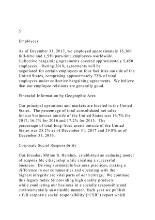 5
Employees
As of December 31, 2017, we employed approximately 15,360
full-time and 1,550 part-time employees worldwide.
Collective bargaining agreements covered approximately 5,450
employees. During 2018, agreements will be
negotiated for certain employees at four facilities outside of the
United States, comprising approximately 72% of total
employees under collective bargaining agreements. We believe
that our employee relations are generally good.
Financial Information by Geographic Area
Our principal operations and markets are located in the United
States. The percentage of total consolidated net sales
for our businesses outside of the United States was 16.7% for
2017, 16.7% for 2016 and 17.2% for 2015. The
percentage of total long-lived assets outside of the United
States was 25.2% as of December 31, 2017 and 29.8% as of
December 31, 2016.
Corporate Social Responsibility
Our founder, Milton S. Hershey, established an enduring model
of responsible citizenship while creating a successful
business. Driving sustainable business practices, making a
difference in our communities and operating with the
highest integrity are vital parts of our heritage. We continue
this legacy today by providing high quality products
while conducting our business in a socially responsible and
environmentally sustainable manner. Each year we publish
a full corporate social responsibility (“CSR”) report which
 