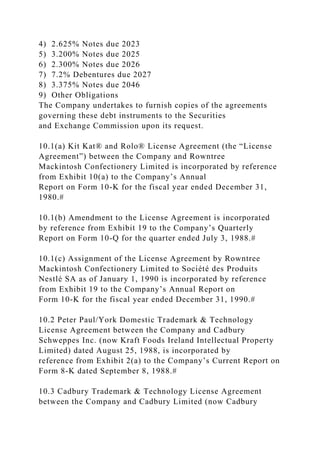 4) 2.625% Notes due 2023
5) 3.200% Notes due 2025
6) 2.300% Notes due 2026
7) 7.2% Debentures due 2027
8) 3.375% Notes due 2046
9) Other Obligations
The Company undertakes to furnish copies of the agreements
governing these debt instruments to the Securities
and Exchange Commission upon its request.
10.1(a) Kit Kat® and Rolo® License Agreement (the “License
Agreement”) between the Company and Rowntree
Mackintosh Confectionery Limited is incorporated by reference
from Exhibit 10(a) to the Company’s Annual
Report on Form 10-K for the fiscal year ended December 31,
1980.#
10.1(b) Amendment to the License Agreement is incorporated
by reference from Exhibit 19 to the Company’s Quarterly
Report on Form 10-Q for the quarter ended July 3, 1988.#
10.1(c) Assignment of the License Agreement by Rowntree
Mackintosh Confectionery Limited to Société des Produits
Nestlé SA as of January 1, 1990 is incorporated by reference
from Exhibit 19 to the Company’s Annual Report on
Form 10-K for the fiscal year ended December 31, 1990.#
10.2 Peter Paul/York Domestic Trademark & Technology
License Agreement between the Company and Cadbury
Schweppes Inc. (now Kraft Foods Ireland Intellectual Property
Limited) dated August 25, 1988, is incorporated by
reference from Exhibit 2(a) to the Company’s Current Report on
Form 8-K dated September 8, 1988.#
10.3 Cadbury Trademark & Technology License Agreement
between the Company and Cadbury Limited (now Cadbury
 