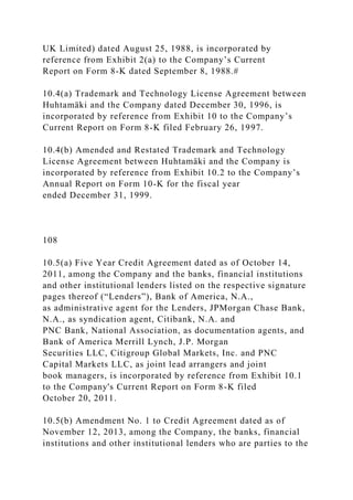 UK Limited) dated August 25, 1988, is incorporated by
reference from Exhibit 2(a) to the Company’s Current
Report on Form 8-K dated September 8, 1988.#
10.4(a) Trademark and Technology License Agreement between
Huhtamäki and the Company dated December 30, 1996, is
incorporated by reference from Exhibit 10 to the Company’s
Current Report on Form 8-K filed February 26, 1997.
10.4(b) Amended and Restated Trademark and Technology
License Agreement between Huhtamäki and the Company is
incorporated by reference from Exhibit 10.2 to the Company’s
Annual Report on Form 10-K for the fiscal year
ended December 31, 1999.
108
10.5(a) Five Year Credit Agreement dated as of October 14,
2011, among the Company and the banks, financial institutions
and other institutional lenders listed on the respective signature
pages thereof (“Lenders”), Bank of America, N.A.,
as administrative agent for the Lenders, JPMorgan Chase Bank,
N.A., as syndication agent, Citibank, N.A. and
PNC Bank, National Association, as documentation agents, and
Bank of America Merrill Lynch, J.P. Morgan
Securities LLC, Citigroup Global Markets, Inc. and PNC
Capital Markets LLC, as joint lead arrangers and joint
book managers, is incorporated by reference from Exhibit 10.1
to the Company's Current Report on Form 8-K filed
October 20, 2011.
10.5(b) Amendment No. 1 to Credit Agreement dated as of
November 12, 2013, among the Company, the banks, financial
institutions and other institutional lenders who are parties to the
 