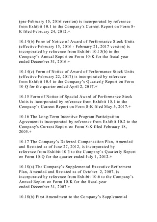 (pre-February 15, 2016 version) is incorporated by reference
from Exhibit 10.1 to the Company's Current Report on Form 8-
K filed February 24, 2012.+
10.14(b) Form of Notice of Award of Performance Stock Units
(effective February 15, 2016 - February 21, 2017 version) is
incorporated by reference from Exhibit 10.13(b) to the
Company’s Annual Report on Form 10-K for the fiscal year
ended December 31, 2016.+
10.14(c) Form of Notice of Award of Performance Stock Units
(effective February 22, 2017) is incorporated by reference
from Exhibit 10.4 to the Company’s Quarterly Report on Form
10-Q for the quarter ended April 2, 2017.+
10.15 Form of Notice of Special Award of Performance Stock
Units is incorporated by reference from Exhibit 10.1 to the
Company’s Current Report on Form 8-K filed May 5, 2017.+
10.16 The Long-Term Incentive Program Participation
Agreement is incorporated by reference from Exhibit 10.2 to the
Company's Current Report on Form 8-K filed February 18,
2005.+
10.17 The Company’s Deferred Compensation Plan, Amended
and Restated as of June 27, 2012, is incorporated by
reference from Exhibit 10.3 to the Company’s Quarterly Report
on Form 10-Q for the quarter ended July 1, 2012.+
10.18(a) The Company’s Supplemental Executive Retirement
Plan, Amended and Restated as of October 2, 2007, is
incorporated by reference from Exhibit 10.6 to the Company’s
Annual Report on Form 10-K for the fiscal year
ended December 31, 2007.+
10.18(b) First Amendment to the Company’s Supplemental
 