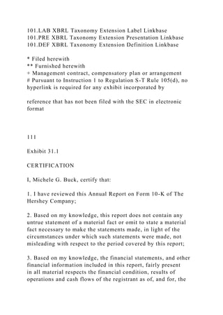 101.LAB XBRL Taxonomy Extension Label Linkbase
101.PRE XBRL Taxonomy Extension Presentation Linkbase
101.DEF XBRL Taxonomy Extension Definition Linkbase
* Filed herewith
** Furnished herewith
+ Management contract, compensatory plan or arrangement
# Pursuant to Instruction 1 to Regulation S-T Rule 105(d), no
hyperlink is required for any exhibit incorporated by
reference that has not been filed with the SEC in electronic
format
111
Exhibit 31.1
CERTIFICATION
I, Michele G. Buck, certify that:
1. I have reviewed this Annual Report on Form 10-K of The
Hershey Company;
2. Based on my knowledge, this report does not contain any
untrue statement of a material fact or omit to state a material
fact necessary to make the statements made, in light of the
circumstances under which such statements were made, not
misleading with respect to the period covered by this report;
3. Based on my knowledge, the financial statements, and other
financial information included in this report, fairly present
in all material respects the financial condition, results of
operations and cash flows of the registrant as of, and for, the
 
