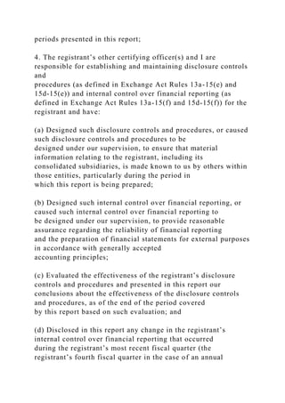 periods presented in this report;
4. The registrant’s other certifying officer(s) and I are
responsible for establishing and maintaining disclosure controls
and
procedures (as defined in Exchange Act Rules 13a-15(e) and
15d-15(e)) and internal control over financial reporting (as
defined in Exchange Act Rules 13a-15(f) and 15d-15(f)) for the
registrant and have:
(a) Designed such disclosure controls and procedures, or caused
such disclosure controls and procedures to be
designed under our supervision, to ensure that material
information relating to the registrant, including its
consolidated subsidiaries, is made known to us by others within
those entities, particularly during the period in
which this report is being prepared;
(b) Designed such internal control over financial reporting, or
caused such internal control over financial reporting to
be designed under our supervision, to provide reasonable
assurance regarding the reliability of financial reporting
and the preparation of financial statements for external purposes
in accordance with generally accepted
accounting principles;
(c) Evaluated the effectiveness of the registrant’s disclosure
controls and procedures and presented in this report our
conclusions about the effectiveness of the disclosure controls
and procedures, as of the end of the period covered
by this report based on such evaluation; and
(d) Disclosed in this report any change in the registrant’s
internal control over financial reporting that occurred
during the registrant’s most recent fiscal quarter (the
registrant’s fourth fiscal quarter in the case of an annual
 