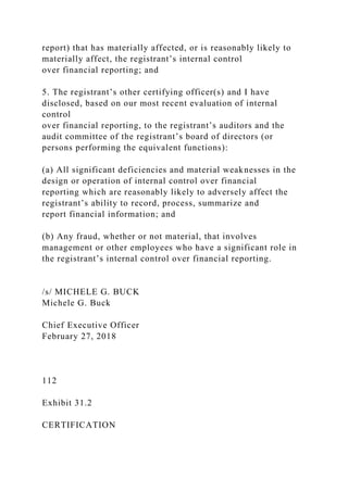 report) that has materially affected, or is reasonably likely to
materially affect, the registrant’s internal control
over financial reporting; and
5. The registrant’s other certifying officer(s) and I have
disclosed, based on our most recent evaluation of internal
control
over financial reporting, to the registrant’s auditors and the
audit committee of the registrant’s board of directors (or
persons performing the equivalent functions):
(a) All significant deficiencies and material weaknesses in the
design or operation of internal control over financial
reporting which are reasonably likely to adversely affect the
registrant’s ability to record, process, summarize and
report financial information; and
(b) Any fraud, whether or not material, that involves
management or other employees who have a significant role in
the registrant’s internal control over financial reporting.
/s/ MICHELE G. BUCK
Michele G. Buck
Chief Executive Officer
February 27, 2018
112
Exhibit 31.2
CERTIFICATION
 
