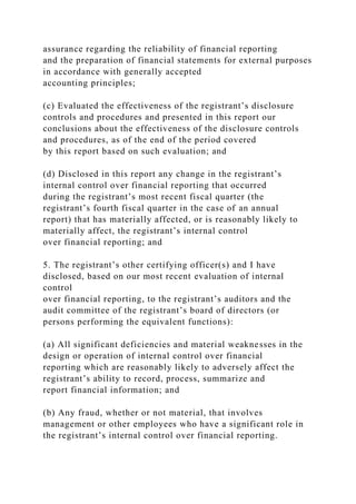 assurance regarding the reliability of financial reporting
and the preparation of financial statements for external purposes
in accordance with generally accepted
accounting principles;
(c) Evaluated the effectiveness of the registrant’s disclosure
controls and procedures and presented in this report our
conclusions about the effectiveness of the disclosure controls
and procedures, as of the end of the period covered
by this report based on such evaluation; and
(d) Disclosed in this report any change in the registrant’s
internal control over financial reporting that occurred
during the registrant’s most recent fiscal quarter (the
registrant’s fourth fiscal quarter in the case of an annual
report) that has materially affected, or is reasonably likely to
materially affect, the registrant’s internal control
over financial reporting; and
5. The registrant’s other certifying officer(s) and I have
disclosed, based on our most recent evaluation of internal
control
over financial reporting, to the registrant’s auditors and the
audit committee of the registrant’s board of directors (or
persons performing the equivalent functions):
(a) All significant deficiencies and material weaknesses in the
design or operation of internal control over financial
reporting which are reasonably likely to adversely affect the
registrant’s ability to record, process, summarize and
report financial information; and
(b) Any fraud, whether or not material, that involves
management or other employees who have a significant role in
the registrant’s internal control over financial reporting.
 