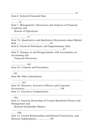 .................................................................................... 14
Item 6. Selected Financial Data
...............................................................................................
......... 16
Item 7. Management’s Discussion and Analysis of Financial
Condition and
Results of Operations
...............................................................................................
.................... 17
Item 7A. Quantitative and Qualitative Disclosures about Market
Risk ........................................... 43
Item 8. Financial Statements and Supplementary Data
.................................................................... 47
Item 9. Changes in and Disagreements with Accountants on
Accounting and
Financial Disclosure
...............................................................................................
.................... 101
Item 9A. Controls and Procedures
...............................................................................................
.. 101
Item 9B. Other Information
...............................................................................................
............. 103
Item 10. Directors, Executive Officers and Corporate
Governance............................................... 104
Item 11. Executive Compensation
...............................................................................................
.. 104
Item 12. Security Ownership of Certain Beneficial Owners and
Management and
Related Stockholder Matters
...............................................................................................
....... 104
Item 13. Certain Relationships and Related Transactions, and
Director Independence ................ 105
 