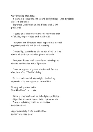 Governance Standards
4 standing independent Board committees All directors
elected annually
Separate Chairman of the Board and CEO
positions
Highly qualified directors reflect broad mix
of skills, experiences and attributes
Independent directors meet separately at each
regularly-scheduled Board meeting
Generally, committee chairs required to step
down after 4 consecutive years as chair
Frequent Board and committee meetings to
ensure awareness and alignment
Directors generally not nominated for re-
election after 72nd birthday
Active role in risk oversight, including
separate risk management committee
Strong Alignment with
Stockholders' Interests
Strong clawback and anti-hedging policies
Significant stock ownership requirements
Annual advisory vote on executive
compensation
Approximately 95% stockholder
approval every year
 