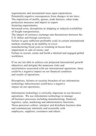 requirements and incremental taxes upon repatriation;
Potentially negative consequences from changes in tax laws;
The imposition of tariffs, quotas, trade barriers, other trade
protection measures and import or export
licensing requirements;
Increased costs, disruptions in shipping or reduced availability
of freight transportation;
The impact of currency exchange rate fluctuations between the
U.S. dollar and foreign currencies;
Failure to gain sufficient profitable scale in certain international
markets resulting in an inability to cover
manufacturing fixed costs or resulting in losses from
impairment or sale of assets; and
Failure to recruit, retain and build a talented and engaged global
workforce.
If we are not able to achieve our projected international growth
objectives and mitigate the numerous risks and
uncertainties associated with our international operations, there
could be a negative impact on our financial condition
and results of operations.
Disruptions, failures or security breaches of our information
technology infrastructure could have a negative
impact on our operations.
Information technology is critically important to our business
operations. We use information technology to manage
all business processes including manufacturing, financial,
logistics, sales, marketing and administrative functions.
These processes collect, interpret and distribute business data
and communicate internally and externally with
employees, suppliers, customers and others.
 