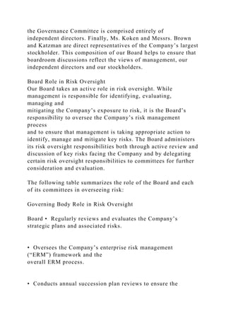the Governance Committee is comprised entirely of
independent directors. Finally, Ms. Koken and Messrs. Brown
and Katzman are direct representatives of the Company’s largest
stockholder. This composition of our Board helps to ensure that
boardroom discussions reflect the views of management, our
independent directors and our stockholders.
Board Role in Risk Oversight
Our Board takes an active role in risk oversight. While
management is responsible for identifying, evaluating,
managing and
mitigating the Company’s exposure to risk, it is the Board’s
responsibility to oversee the Company’s risk management
process
and to ensure that management is taking appropriate action to
identify, manage and mitigate key risks. The Board administers
its risk oversight responsibilities both through active review and
discussion of key risks facing the Company and by delegating
certain risk oversight responsibilities to committees for further
consideration and evaluation.
The following table summarizes the role of the Board and each
of its committees in overseeing risk:
Governing Body Role in Risk Oversight
Board • Regularly reviews and evaluates the Company’s
strategic plans and associated risks.
• Oversees the Company’s enterprise risk management
(“ERM”) framework and the
overall ERM process.
• Conducts annual succession plan reviews to ensure the
 