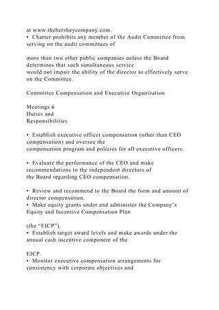 at www.thehersheycompany.com.
• Charter prohibits any member of the Audit Committee from
serving on the audit committees of
more than two other public companies unless the Board
determines that such simultaneous service
would not impair the ability of the director to effectively serve
on the Committee.
Committee Compensation and Executive Organization
Meetings 6
Duties and
Responsibilities
• Establish executive officer compensation (other than CEO
compensation) and oversee the
compensation program and policies for all executive officers.
• Evaluate the performance of the CEO and make
recommendations to the independent directors of
the Board regarding CEO compensation.
• Review and recommend to the Board the form and amount of
director compensation.
• Make equity grants under and administer the Company’s
Equity and Incentive Compensation Plan
(the “EICP”).
• Establish target award levels and make awards under the
annual cash incentive component of the
EICP.
• Monitor executive compensation arrangements for
consistency with corporate objectives and
 