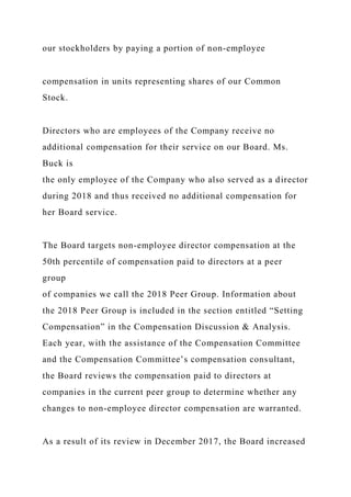 our stockholders by paying a portion of non-employee
compensation in units representing shares of our Common
Stock.
Directors who are employees of the Company receive no
additional compensation for their service on our Board. Ms.
Buck is
the only employee of the Company who also served as a director
during 2018 and thus received no additional compensation for
her Board service.
The Board targets non-employee director compensation at the
50th percentile of compensation paid to directors at a peer
group
of companies we call the 2018 Peer Group. Information about
the 2018 Peer Group is included in the section entitled “Setting
Compensation” in the Compensation Discussion & Analysis.
Each year, with the assistance of the Compensation Committee
and the Compensation Committee’s compensation consultant,
the Board reviews the compensation paid to directors at
companies in the current peer group to determine whether any
changes to non-employee director compensation are warranted.
As a result of its review in December 2017, the Board increased
 
