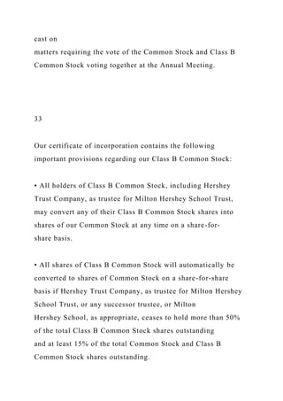 cast on
matters requiring the vote of the Common Stock and Class B
Common Stock voting together at the Annual Meeting.
33
Our certificate of incorporation contains the following
important provisions regarding our Class B Common Stock:
• All holders of Class B Common Stock, including Hershey
Trust Company, as trustee for Milton Hershey School Trust,
may convert any of their Class B Common Stock shares into
shares of our Common Stock at any time on a share-for-
share basis.
• All shares of Class B Common Stock will automatically be
converted to shares of Common Stock on a share-for-share
basis if Hershey Trust Company, as trustee for Milton Hershey
School Trust, or any successor trustee, or Milton
Hershey School, as appropriate, ceases to hold more than 50%
of the total Class B Common Stock shares outstanding
and at least 15% of the total Common Stock and Class B
Common Stock shares outstanding.
 